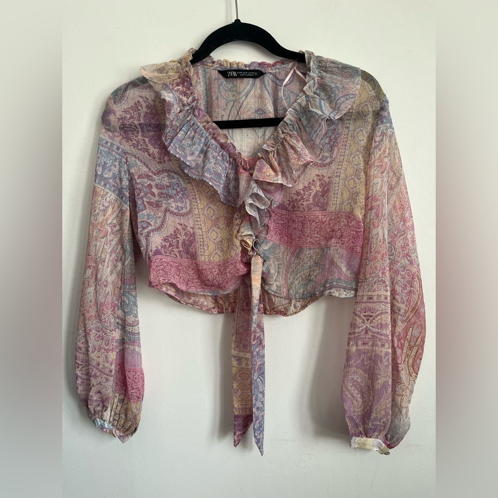Zara Paisley Ruffle Crop Sheer Button Down Long Sleeve Blouse - Pastel - Medium